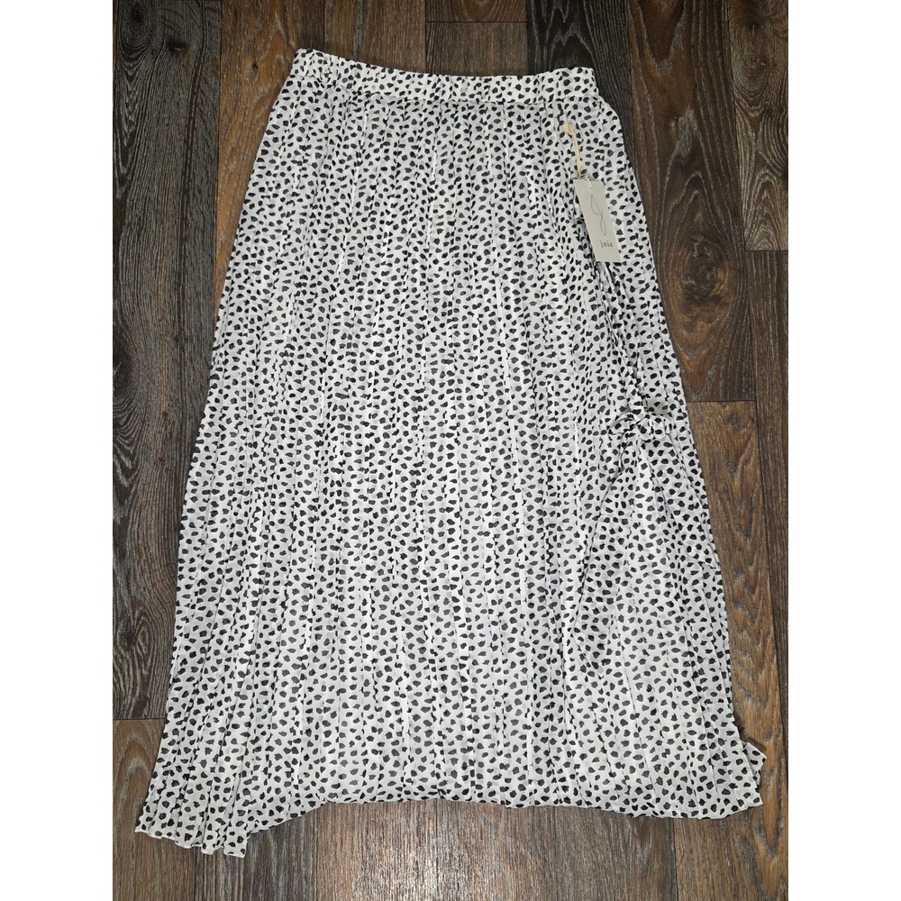 Joie Pleated Midi Skirt Black White Abstract Print Side Tie Elastic Waist Medium